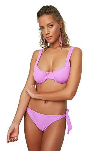 Trendyol Top de Bikini balénico Texturizado Parte Superior, Lila, 36 para Mujer