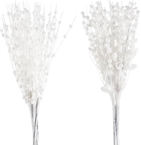 24-Pack Christmas Tree Picks Ornaments, Artificial Glitter Berry Stem Glittery Twigs Ornaments for Christmas Tree Decorations, Small Vase, Holiday, Wedding, Party Decorations (White)