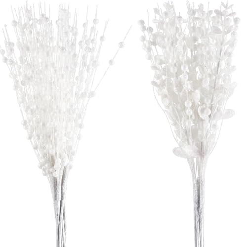 CristBest 24-Pack Christmas Tree Picks Ornaments, Artificial Glitter Berry Stem Glittery Twigs Ornaments for Christmas Tree Decorations, Small Vase, Holiday, Wedding, Party Decorations (White) - image 1