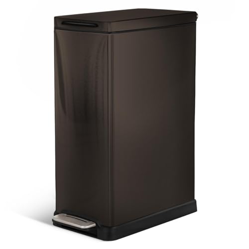 Image of Home Zone Living 12 Gallon Slim Kitchen Trash Can with Soft Close Lid, Step Pedal, Bag Tuck Band, and Removable Liner, Stainless Steel, Black, 45 Liters