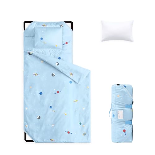 Image of Wake In Cloud - Cot Nap Mat with Pillow and Blanket, 100% Cotton Fabric, for Toddler Kids Boys Girls Ages 3 Plus in Daycare Kindergarten Preschool, Stars Space Rockets