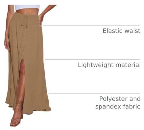 Image of Minclouse Women's Elastic Tie Waist Button Down Maxi Skirts Casual Loose Flowy Swing Slit Front Dress
