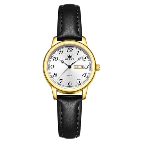 Image of OLEVS Black Leather Watches for Women Luxury Dainty Gold Small Casual Watch