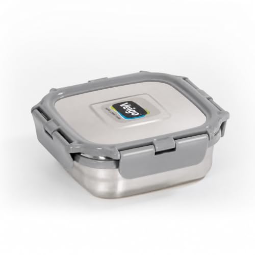 Image of Veigo Original Set Pack of 3 Stainless Steel Airtight & Leakproof Medium Lunch Box with Silicon Ring & Polymer Frame for Re-Heating|Safe Lid Lock|Square (330ML) Grey