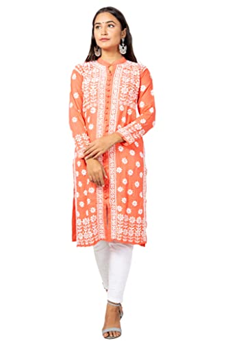 Image of FAWOMENT Women's Hand Embroidered Exclusive Rayon Kurta with Fine Lucknowi Chikankari Kurta Front Open Rose Kurta Women and Girl