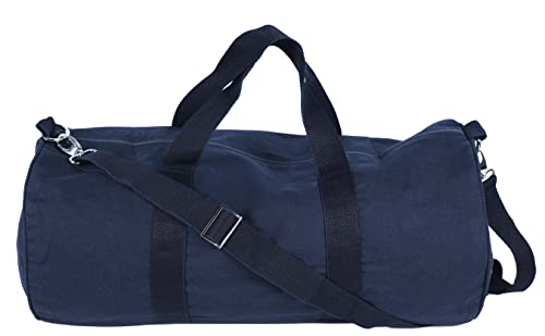 Tag&Crew Lightweight Solid Round Duffle Multifunctional Foldable Canvas Carry-on Gym Bag with Adjustable & Detachable Shoulder Strap Metal Accessories - Navy Blue