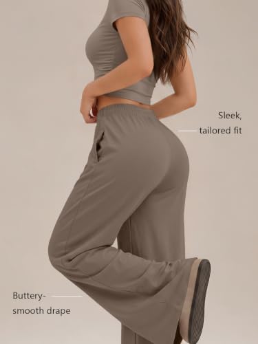 Image of Trendy Queen 2 Piece Matching Summer Lounge Set Womens Side Ruching Top Wide Leg Pants Sets with Pockets