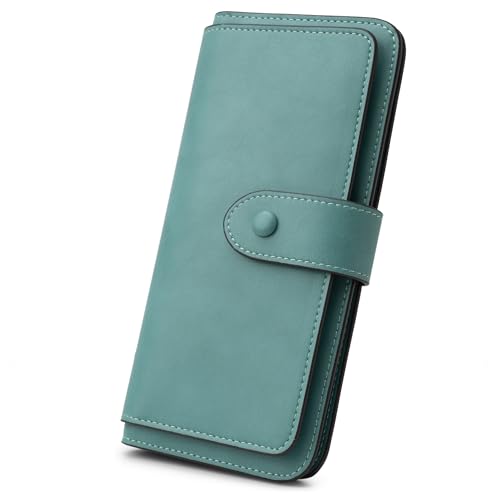 RFID Blocking Leather Wallet for Women, Slim Trifold with 14 Card Slots and Zipper Pocket (Purist Blue)