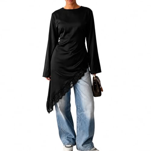 Image of GIRBEAU Women's Lace Trim Satin Tunic Top Long Sleeve Asymmetrical Hem Blouse with Back Tie Waist, Black, XL