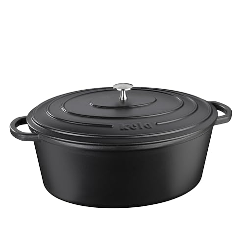 kela Bräter Gusseisen oval 6 Liter, Dutch Oven CALIDO, Induktion Gussbräter mit Deckel, Gusseisen Topf Brot backen, emailliert, schwarz