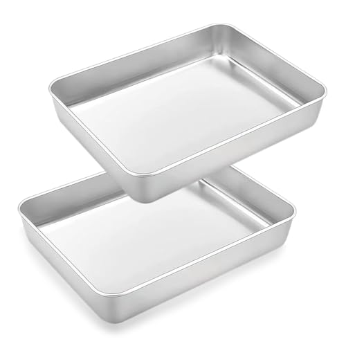 2 PCS Baking Tray Set Stainless Steel Bake Deep Cake Tin Baking Sheet Pans Dishwasher Safe Rectangle Traybake Tin for Brownie Lasagna 30×25×5.5cm