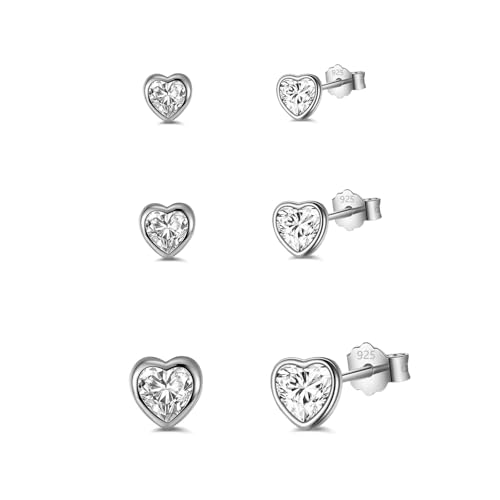 HinDaLi 3 Paar Ohrringe Sterling Silber 925 Stecker für Damen Mädchen Ohrringe Diamant Silber Ohrstecker Herz Knorpel Ohrringe Damen Ohrringe Herz Hypoallergen Ohrringe Silber Set Ohrstecker Damen