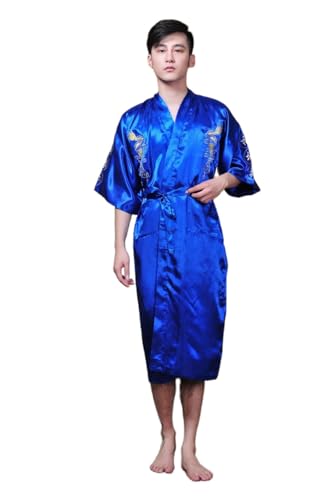 Shanghai Story Men's Robe Dragon Pattern Bathrobe with Waistband M Blue