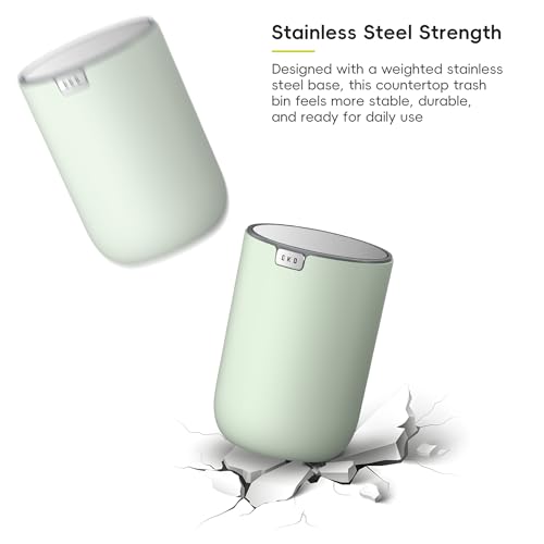 Image of EKO Fandy 0.4 Gal /1.5L Mini Tabletop Trash Bin with Swing-Lid, Desktop Trash Can for Bathroom Countertop, Vanity, Coffee or Office, Small Garbage Bin (Sage), 1.5 Liters (Pack of 12)