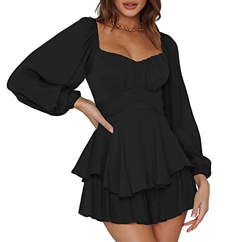 Womens Ruffle Long Sleeve Short Rompers Sexy Layered Tie Waist Chiffon One Piece Outfits Solid Jumpsuit Black S #TOP21