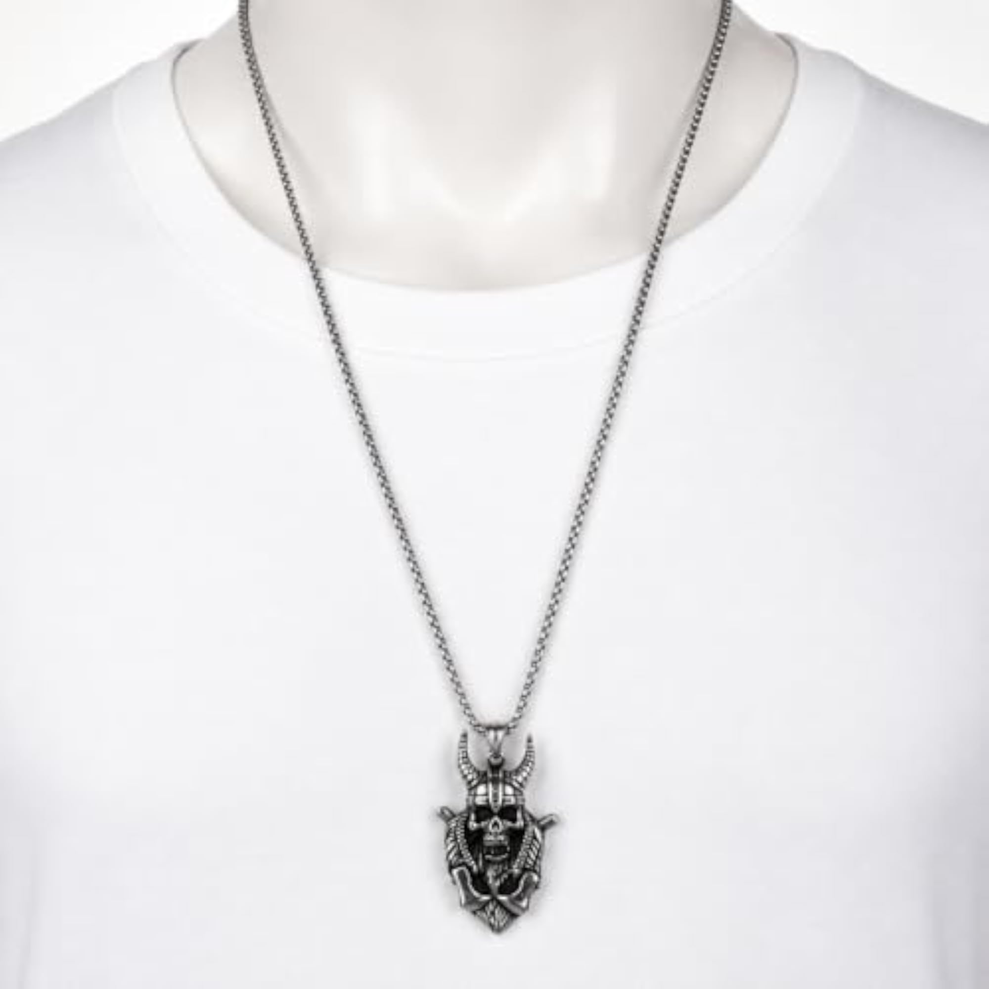 Men's Viking Skull Pendant Necklace, Gothic Biker Chain