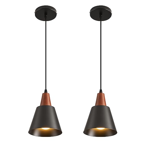 Luces colgantes para isla de cocina industriales negras con cúpula de madera techo 2 pack 3