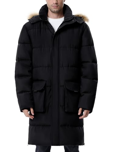 UIQUR Mens Extra Long Winter Jacket Puffer Winter Coats Thicken Warm Insulated Water Resistant Parka Black 2XL