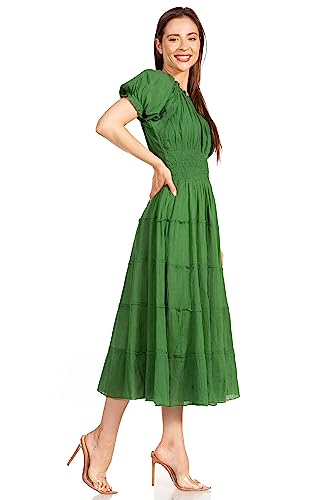 Image of Sakkas Cotton Crepe Smocked Peasant Gypsy Boho Renaissance Mid Length Dress