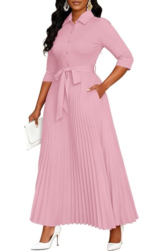 Image of Runwind Maxi Dresses for Women, 3 /4 Sleeve Botton Down Pleated Long Dress with Belt Casual Church Dress with Pockets