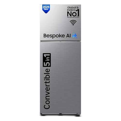 Image of Samsung 330 L, 2 Star, Convertible 5-in-1, Digital Inverter, Frost Free Double Door, WiFi Enabled Bespoke AI Refrigerator (RT34DG5A2BS8HL, Elegant Inox, Silver)