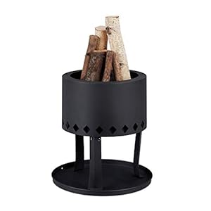Relaxdays Vuurschaal, diameter 30 cm, bodemplaat, pookhaak, voor pellets en brandhout, tuinhaard, staal, zwart