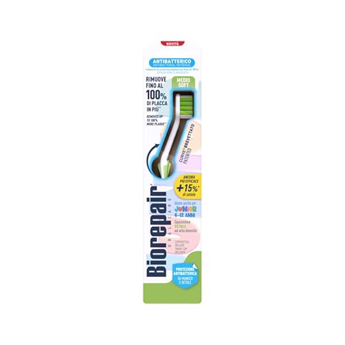 Biorepair, Spazzolino JUNIOR Medio Soft, Per Bambini 6-12 Anni, Con Setole ad Alta Densità, Garantisce Comfort ed Efficacia, Curve Brevettato, Protezione Antibatterica