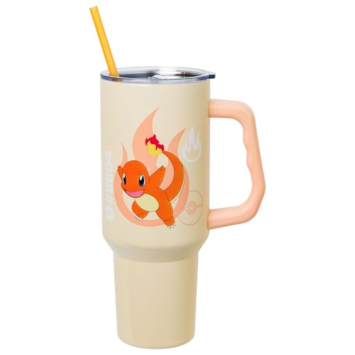 Image of Silver Buffalo Pokemon Featuring Charmander Stainless Steel Tumbler with Handle, Fits in Standard Cup Holder, 40 Ounces