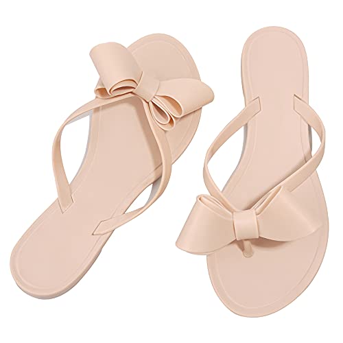 Image of TYFLOVE Women Rivet Flip Flops Studded Jelly Thong Sandals with Bow Summer Bowtie Flat Beach Rain Shoes