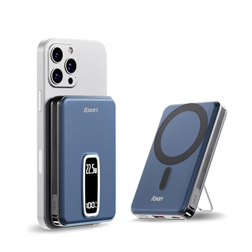 Image of Foxin Mag One Wireless 10000mAh Fast Charging Power Bank with Metal Stand | USB Type C Input & Output, 22.5W Portable Charger for iPhone 12 & Above, Android & Qi Enabled Devices | Stellar Blue