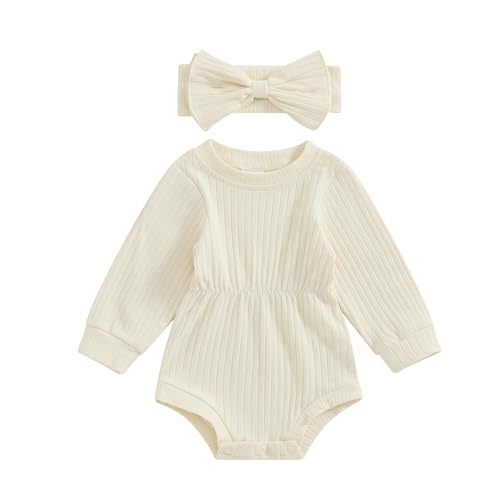 Image of Karwuiio Newborn Baby Girl Fall Outfits Long Sleeve Ribbed Knit Jumpsuit Romper with Headband Infant Clothes Sets