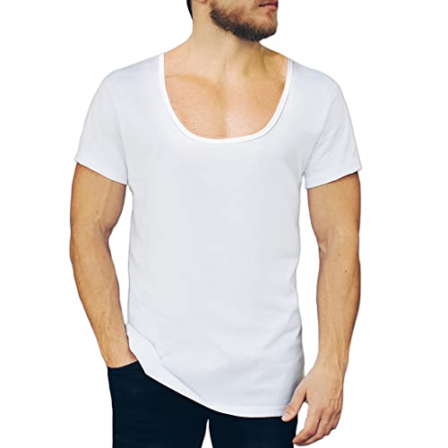 NO Show Deep Scoop Neck Cotton Odor-Control Undershirt for Men, White