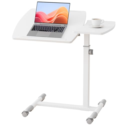 Image of GTPLAYER Small Standing Desk, 28 Inches Tiltable Mobile Rolling Laptop PC Table with Lockable Casters, Adjustable Height Overbed Bedside Table Computer Workstation for Home Office, White-Tiltable