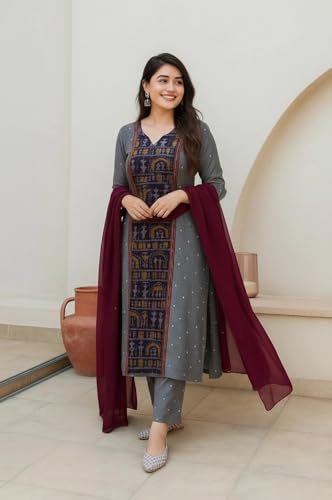 Image of ANNI Designer Women's Rayon Viscose Printed Straight Kurta with Pant and Dupatta | Stylish Ethnic Wear Set for Women | Casual, Festive & Office Wear Kurti Set