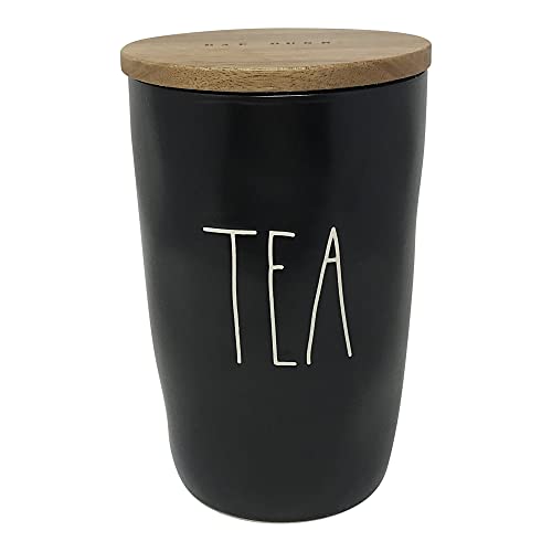 Rae Dunn Ceramic Kitchen Canister with Wood Lid (Tea, Black, 6.5 L, 4.25 x 6.5 Inches)