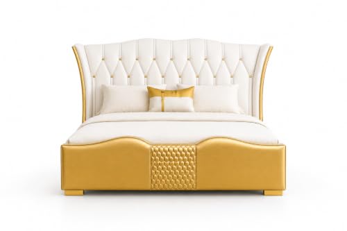 Image of Upholstered King Size Bed with Box Storage for Bedroom | Wooden Double Bed with Wooden Ply with Storage | Platform Cot Palang with Headboard | 6.5 x 6 Ft | Sheesham Wood | White Golden