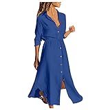 Generic Bluse Kleid Mode Plus Größe V Ausschnitt Tunika Langarm Einreiher Revers Hemdkleid Schlitz Chiffon Gürtel Einfarbig Langes Kleid Blue 36