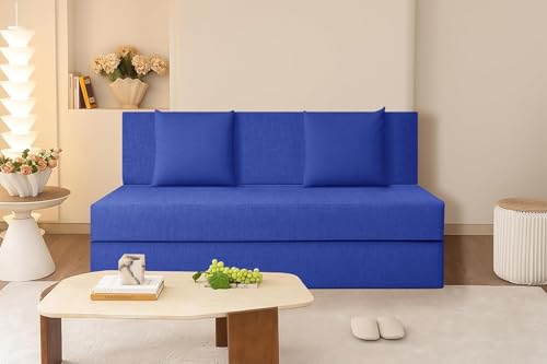 Image of Rosebell Two-Person Jute Sofa Cum Bed | Compact & Lightweight | Removable Washable Cover- Including 2 Cushion | 4x6 Ft Size | Home or Office - Blue Color