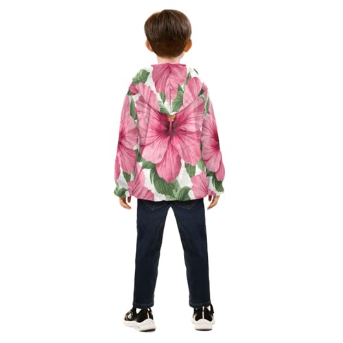 Pink Hibiscus Floral Pattern Toddler Fleece Jacket Girl Boys Hooded Fleece Jacket Coat Warm Outwear Zip-up 3-10T4