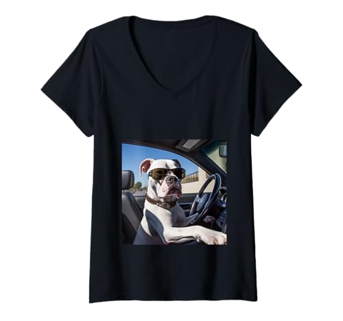 Womens Funny Boxer Dog Driving Car Shades Meme Cool White Boxer Hum V-Neck T-Shirt