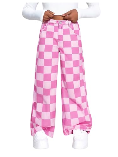 WDIRARA Girl's Checkered Straight Leg Baggy Jeans Elastic High Waist Denim Pants
