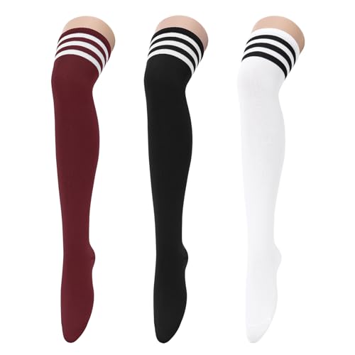 Image of Century Star 3 Pairs Thigh High Socks for Women Over the Knee High Socks Triple Stripe Long Stockings Thigh Highs Leg Warmer
