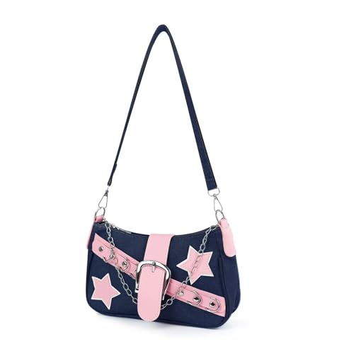 AfitLulu Klein Umhängetasche Damen Denim Schultertasche mit Handkette und Abnehmbarem Schultergurt, Halbmond Tasche Y2K Tasche Modisch Handtasche mit Reißverschluss (Marineblau)