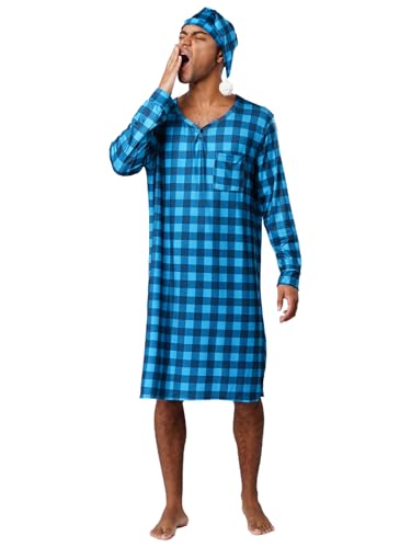 Linjinx Mens Plaid Loose Sleepwear Long Sleeve Nightshirt Sleepshirts with Sleeping Cap Pajama Set2