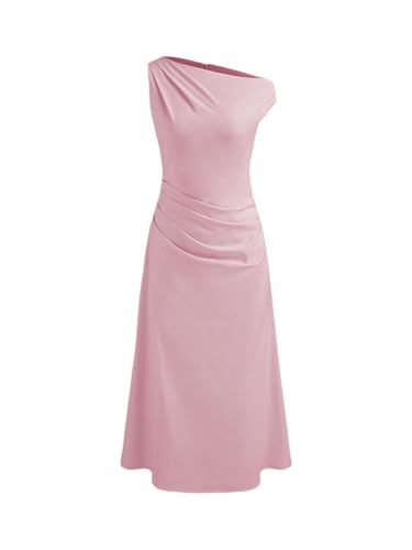 CIDER Wedding Guest Dress Asymmetrical Neck Solid Ruched Sleeveless Maxi Dress