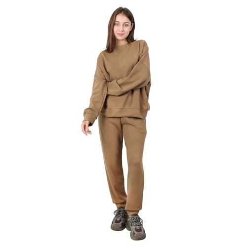 OCCIENTEC Damski dres treningowy z okrągłym dekoltem, dres do biegania z długimi rękawami, jednokolorowy, miękki, dwuczęściowy zestaw odzieży sportowej, brązowy, M