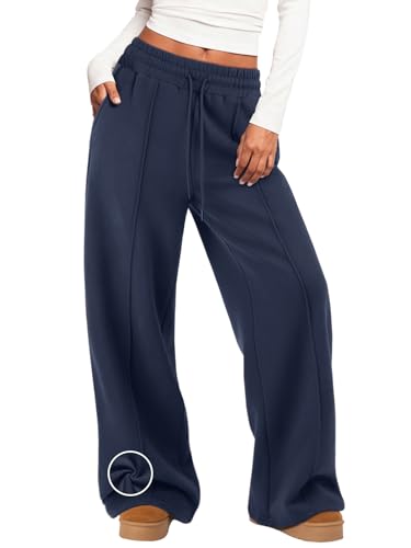 MIROMIHO Womens Wide Leg Sweatpants Fleece High Waisted Baggy Pants Fall Drawstring Athletic Joggers Fashion Winter Outfits Navy Blue