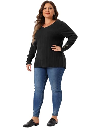 Image of Agnes Orinda Plus Size Knit Tops for Women Long Sleeve V Neck Button Stretch Casual Pullover Sweater Blouses