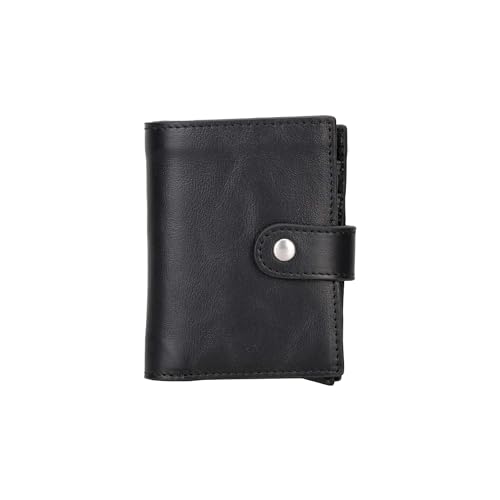 Handmade Genuine Leather Mechanized Pop-up AirTag Wallet with RFID Protector for Men and Women (Black)