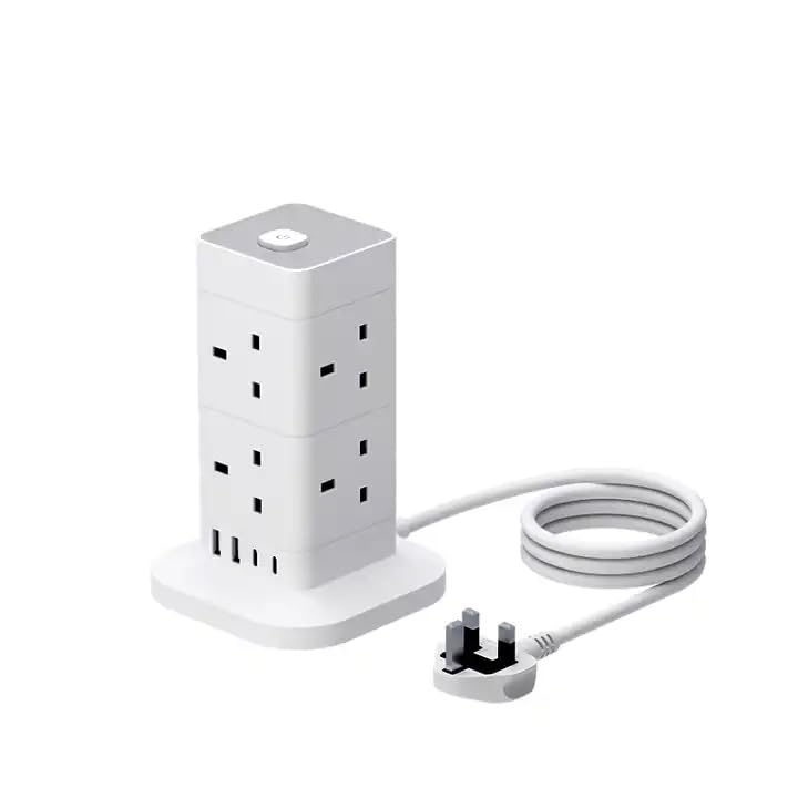 Tower Extension Lead 8 Way 13A 4 USB Ports 2 Type C Multi Plug Extension Socket with Surge Protection Power Strip with 1.5meter Extension Cord for Home Office Shop